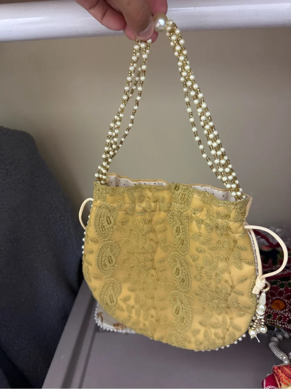 Mustard Embroidered Beaded Drawstring Clutch